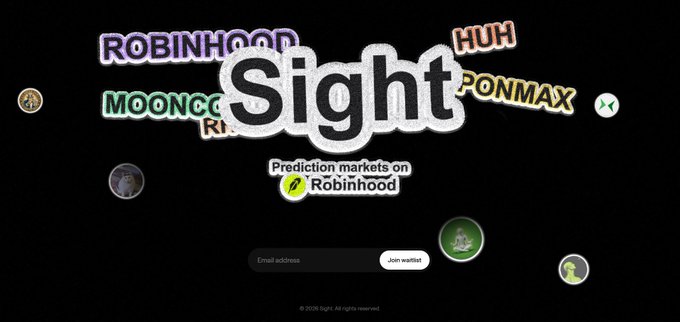 A dark screen with stylized text logos for various platforms including 'ROBINHOOD', 'MOONCO', 'PONMAX', and 'Sight', along with 'Prediction markets on Robinhood' and an input field to 'Join waitlist'.