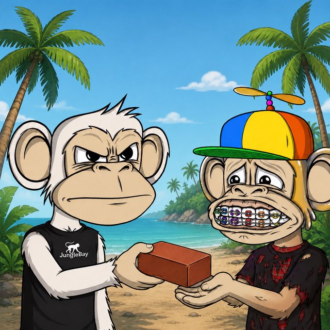 A cartoon illustration of two monkeys on a beach, one handing a brown brick to another wearing a propeller hat and grills covered in NFT characters, with one shirt reading 'JungleBay'.