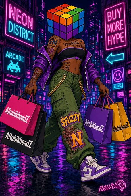 A figure wearing a purple hoodie and "$FUZZY N" cargo pants carries Rubikheadz shopping bags down a neon-lit "Neon District" street, where a Rubik's cube replaces their head beneath signs reading "Buy More Hype" and "Arcade." The visual aligns with a hypebeast streetwear aesthetic, with the cube-headed figure mid-shopping spree embodying the consumerist "buy more hype" mantra and the puzzle-piece chrome of Rubikheadz branding.