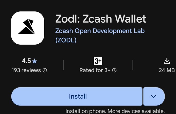 Google Play Store listing for "Zodi: Zcash Wallet" by Zcash Open Development Lab (ZODL), rated 4.5 stars with 193 reviews and 24 MB download size, showing an Install button—corresponding to the recommended ZEC wallet from the post's instructions.