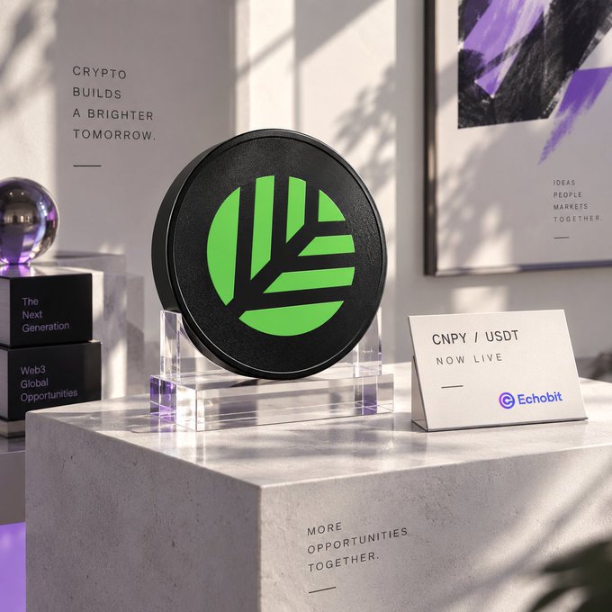 A stylized black and green CNPY coin is displayed on an acrylic stand alongside a card reading "CNPY / USDT NOW LIVE" with the Echobit logo, set against a backdrop featuring the text "CRYPTO BUILDS A BRIGHTER TOMORROW" and "IDEAS PEOPLE MARKETS TOGETHER." The image visually announces the launch of CNPY/USDT spot trading on Echobit, matching the post's celebration of the new trading pair going live.