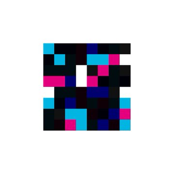 Close-up of a single pixelated glitch-art square featuring blocks of cyan, magenta, navy blue, and black colors on a white background, characteristic of the Credits NFT aesthetic.