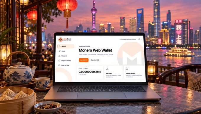 A laptop displaying the "XMRnest" Monero Web Wallet interface sits on a table beside a traditional teapot, with a vibrant city skyline and river in the background. The screen shows "Monero Web Wallet" with a balance of "0.00000000 XMR" valued at "$0.00 USD," alongside menu options like "Send," "Receive," "Import Wallet," and "How to Use," emphasizing the browser-based, self-custodial nature of the upcoming @XMRnest platform.