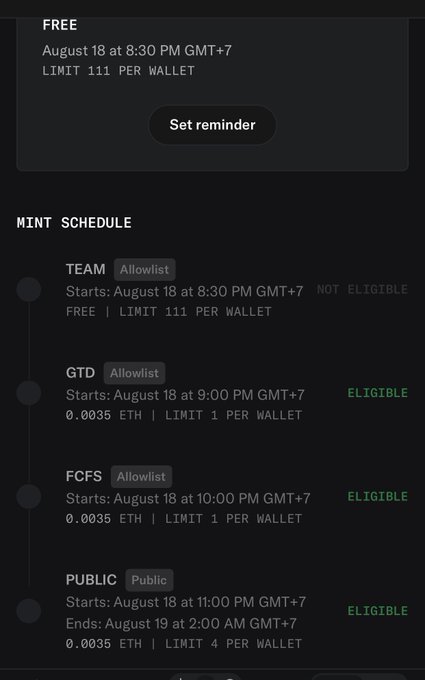 A mint schedule showing a FREE team mint on August 18, with subsequent GTD, FCFS, and PUBLIC allowlist mints at 0.0035 ETH.