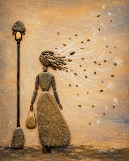 A piece of pebble art depicting a figure in a dress holding a lantern, with flowing hair transforming into dandelion seeds scattering in the wind.