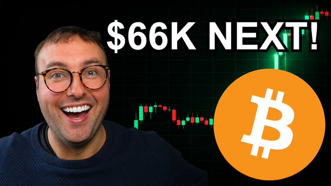 A smiling man wearing glasses appears in front of a Bitcoin candlestick chart, with bold text reading "$66K NEXT!" next to a large orange Bitcoin logo. The image directly supports the post's excitement about Bitcoin potentially breaking out toward the $66,000 price target.