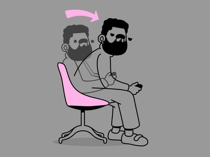 A simple illustration of a bearded man sitting on a pink chair with an overlay/ghosted image showing him leaning forward, with a pink arrow indicating the motion.