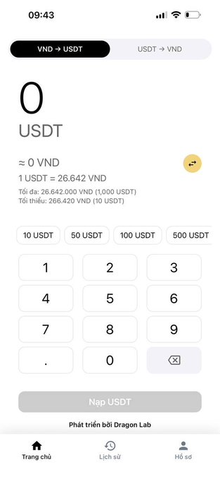 A mobile app interface for VND to USDT conversion showing 0 USDT (≈ 0 VND) at an exchange rate of 1 USDT = 26,642 VND, with payment processing by Dragon Lab.
