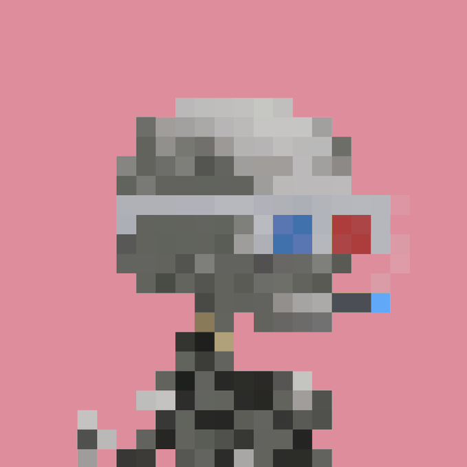 Pixel art portrait of a figure with white hair wearing a colorful VR headset, set against a pink background.