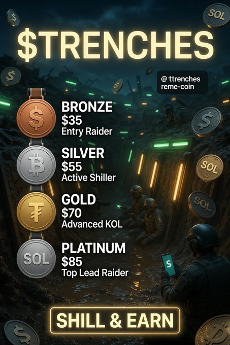 A '$TRENCHES' pricing graphic from @trenches on meme-coin, listing tiers: Bronze ($35 Entry Raider), Silver ($55 Active Shiller), Gold ($70 Advanced KOL), Platinum ($85 Top Lead Raider), with a 'SHILL & EARN' button.