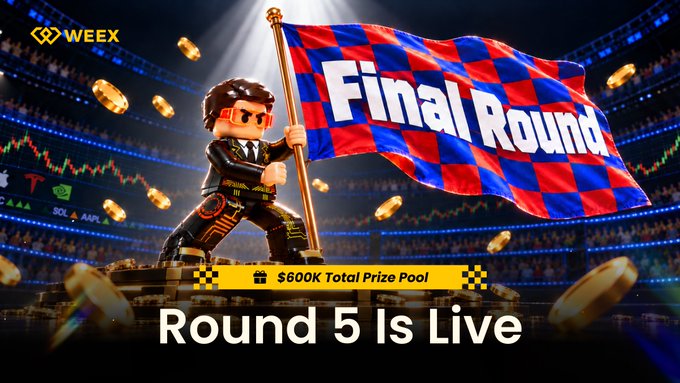 A promotional WEEX banner featuring a 3D character holding a "Final Round" checkered flag amid a stadium of floating coins, announcing a "$600K Total Prize Pool" and "Round 5 Is Live" — directly corresponding to the WEEX AI Wars II Round 5 trading competition offering 10 winners a share of 100 USDT.