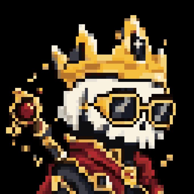 A pixel art character wearing a golden crown, gold-rimmed goggles, and red royal robes, holding a small scepter.
