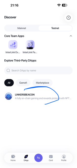 A mobile screenshot of a DApp discovery page on Testnet, with a hand-drawn blue circle highlighting the 'Marketplace' filter above a listing for 'LINKERBEACON', described as 'a fully on-chain gaming and rewards protocol with NFT'.