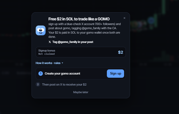 A pop-up window on a dark background promotes a "Free $2 in SOL to trade like a GOMO" offer, requiring users to sign up with a blue-check X account (100+ followers), post about gomo, and tag @gomo_family with the CA, mirroring the instructional post about claiming $2 in SOL via gomofamily.life.