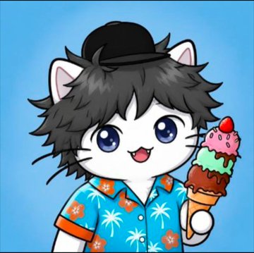 A cartoon cat character wearing a small black bowler hat and a tropical Hawaiian shirt holds a triple-scoop ice cream cone against a blue background. The cheerful, cute illustration pairs with the post's question about highlighting supportive crypto creators.