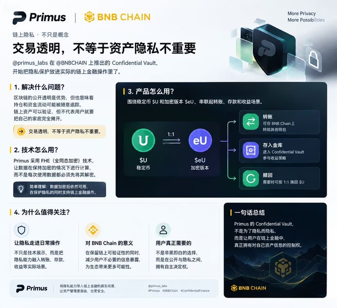 A promotional infographic from Primus and BNB Chain titled "交易透明，不等于资产隐私不重要" (Transaction transparency doesn't mean asset privacy isn't important), explaining their Confidential Vault product that uses FHE (Fully Homomorphic Encryption) technology to convert $U stablecoins into SeU (encrypted versions) for private transfers, deposits, and redemptions on-chain.