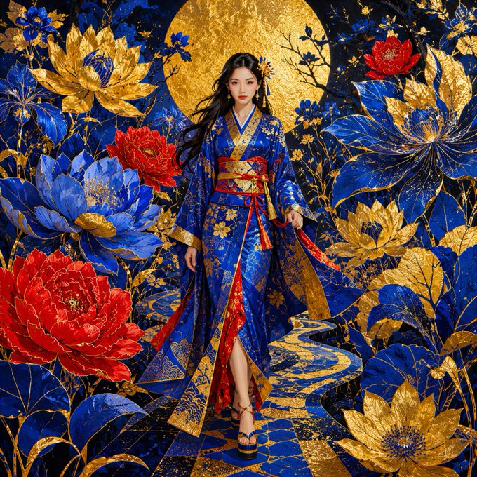 A woman in an ornate blue kimono with gold and red floral patterns stands before a moon and lush blooms, evoking the "Where Flowers Grow Tall" theme celebrated in the post. The luxurious, blooming aesthetic of the artwork mirrors the elegance and grandeur of the top-5 thanker award being teased.