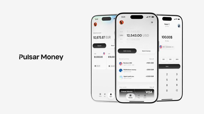 An advertisement for 'Pulsar Money' app displaying three iPhones showing the app's interface including 'Add money', 'Send money', and a banking keypad screen.