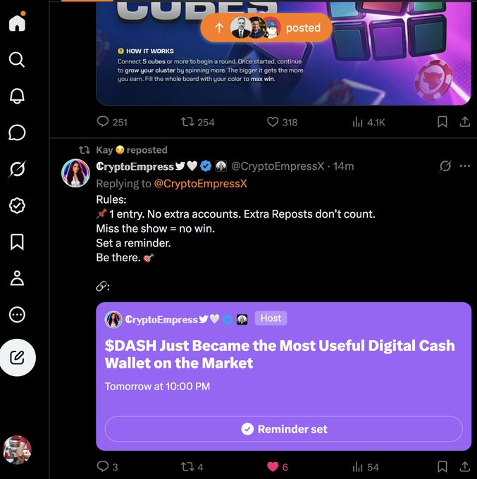 A Twitter/X screenshot showing posts from CryptoEmpressX about a game called "CUBES," a host event for "$DASH" scheduled for tomorrow at 10:00 PM, and rules for a giveaway requiring one entry and no extra reposts.