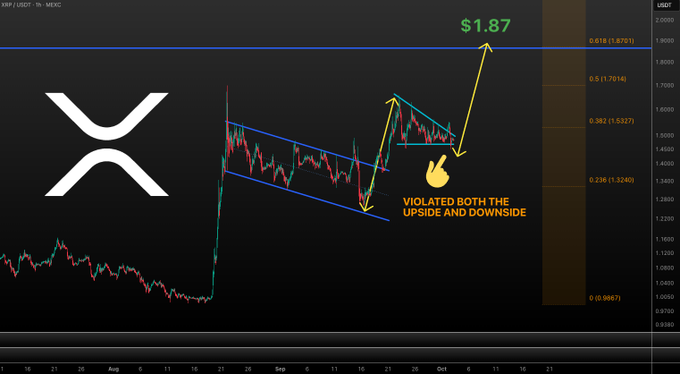 A stock chart for XRP/USD on Merc with the XRP logo, showing a price target of $1.87 and annotations reading 'VIOLATED BOTH THE UPSIDE AND DOWNSIDE'.