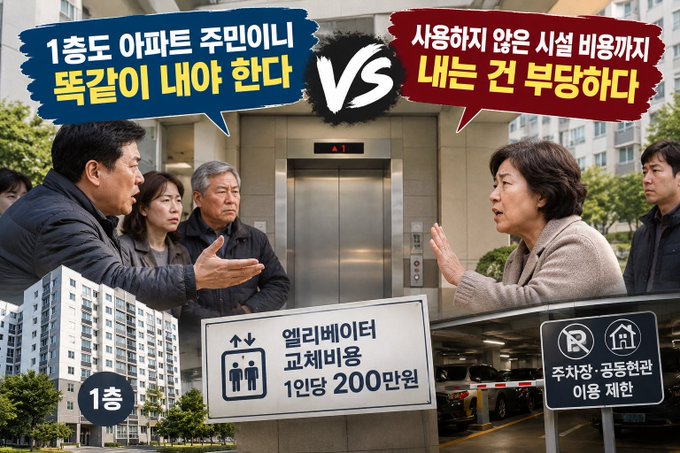 A Korean YouTube thumbnail showing residents of an apartment complex arguing about elevator usage fees, with speech bubbles reading '1층도 아파트 주민이니 똑같이 내야 한다' and '사용하지 않은 시설 비용까지 내는 건 부당하다'.