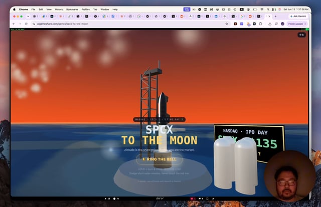 The image shows a computer screen displaying a website called "Spix To The Moon", which appears to be an interactive game or simulation of space travel, possibly related to Bitcoin. There are two white spheres on the screen, one located near the center and another towards the right side. A man is also visible in the image, likely playing the game or observing it.