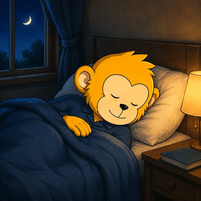 A cartoon monkey character peacefully sleeps tucked under a blue blanket with eyes closed and a content smile, while a glowing bedside lamp casts warm light over the scene, a crescent moon shines through the night window, and a closed book rests on the nightstand—evoking the "goodnight" sentiment of the post, which recaps daily crypto payout statistics including $32,568 paid to $AA holders across 40 payouts, $89,575 paid lifetime, 15.0M $AA burned, and announces a new Smart-LP tracker shipped by the Ape project.