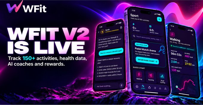 Promotional banner for 'WFit V2 IS LIVE' fitness app, showing phone screens with activity tracking features like Sarah's badminton session, Padel Match Arena, and Walking stats (56m 53s, 460 kcal, 2.04 km, 138 bpm).