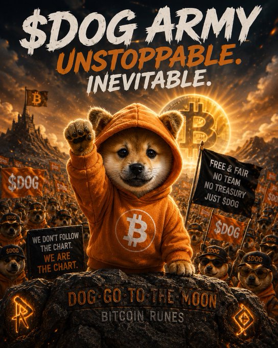 A Shiba Inu mascot in an orange Bitcoin hoodie stands triumphantly atop a rock engraved "DOG GO TO THE MOON - BITCOIN RUNES," rallying a crowd of $DOG-clad supporters holding signs like "WE DON'T FOLLOW THE CHART. WE ARE THE CHART" and "FREE & FAIR NO TEAM NO TREASURY JUST $DOG." The fiery, defiant "UNSTOPPABLE. INEVITABLE." scene visually echoes the post's message of unwavering conviction through volatility, celebrating $DOG's rally from ~$0.00060 to above $0.0013 while dismissing red candles as mere tourist departures from a loyal army.