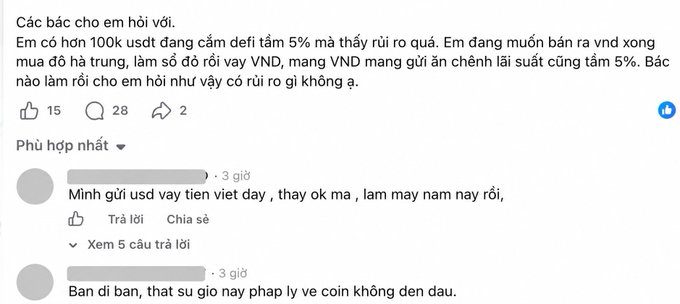 A social media comment in Vietnamese asking for advice about selling USDT, converting to VND, taking a VND loan at 5% interest, and saving USDT to repay the loan later.
