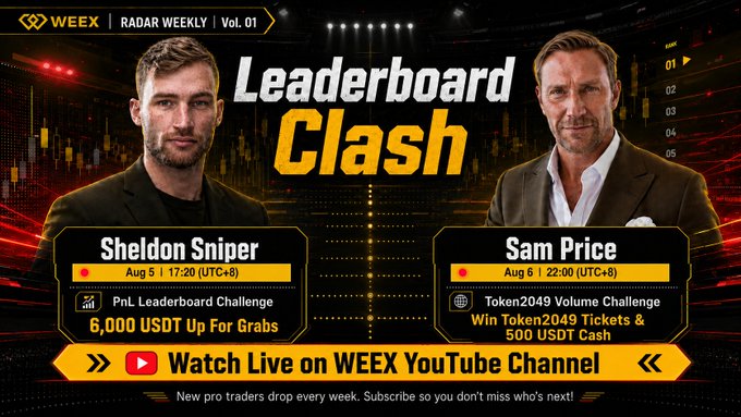 A promotional banner for WEEX Radar Weekly Vol. 01's "Leaderboard Clash" event, featuring traders Sheldon Sniper (Aug 5, 6,000 USDT PnL Challenge) and Sam Price (Aug 6, Token2049 Volume Challenge with 2,049 tickets and 500 USDT cash), directing viewers to watch live on the WEEX YouTube channel to compete for over 7,000 USDT in prizes.