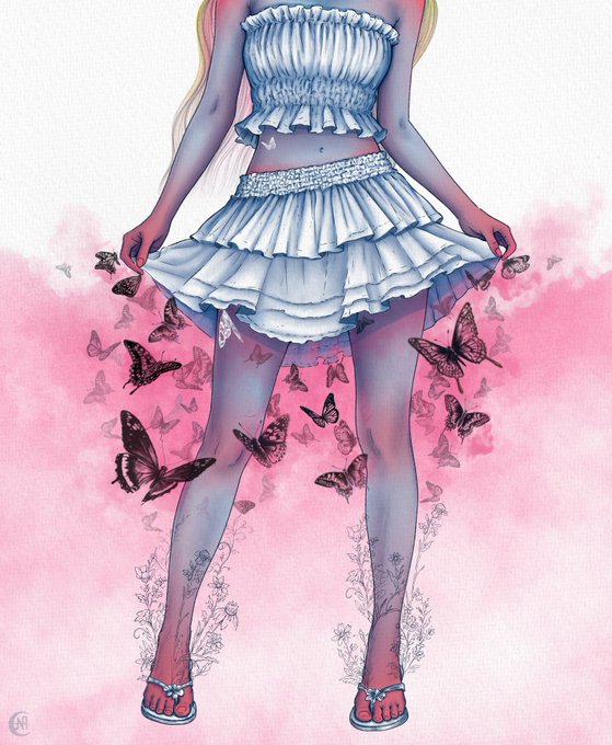 An anime-style illustration features a figure in a white ruffled top and skirt surrounded by butterflies and delicate floral patterns against a pink watercolor background.