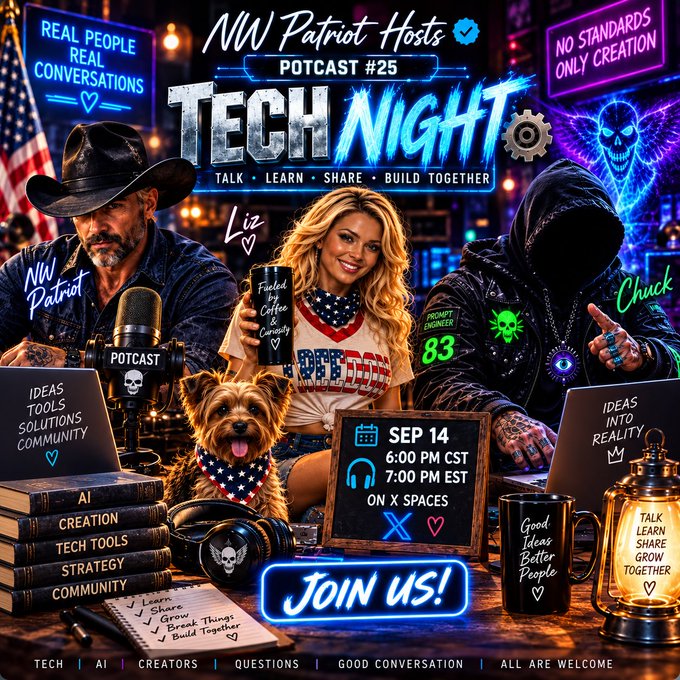 A vibrant promotional graphic for 'NW Patriot Hosts Podcast #25 Tech Night' featuring three hosts (Liz and Chuck labeled), a dog in patriotic bandana, and event details: SEP 14, 6:00 PM CST / 7:00 PM EST, on X Spaces, with neon signs reading 'REAL PEOPLE REAL CONVERSATIONS' and 'NO STANDARDS ONLY CREATION'.