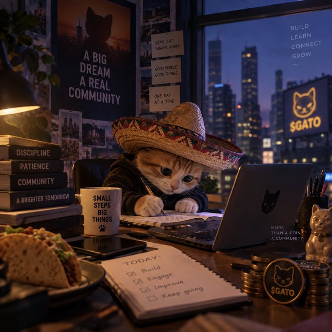 A whimsical digital illustration shows a cat wearing a sombrero and hoodie working diligently at a laptop, surrounded by motivational sticky notes reading 'DISCIPLINE,' 'PATIENCE,' and 'COMMUNITY,' with an '$GATO' crypto token logo visible in the background.