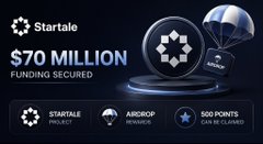 The image is a promotional graphic for Startale announcing "$70 MILLION FUNDING SECURED," featuring icons highlighting the "Startale Project," "Airdrop Rewards," and "50 Points Can Be Claimed" — visually reinforcing the post's announcement of a new mission offering 50 free STAR Points and showcasing the platform's recent $70M funding milestone.