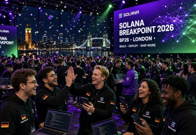 A crowded Solana Breakpoint 2026 conference in London, with attendees celebrating under purple lighting and a large banner reading 'SOLANA BREAKPOINT 2026, BP26 · LONDON · BUILD · DEPLOY · SHIP MORE'.