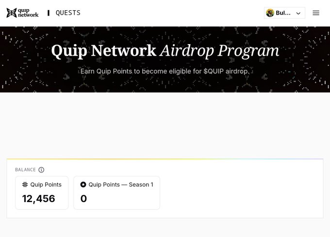 The Quip Network Airdrop Program page displaying a balance of 12,456 Quip Points and 0 Quip Points for Season 1.