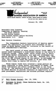 A 1980 letter from the Independent Bankers Association of America to Alan Cranston opposing the rapid growth of money market mutual funds (MMFs), using alarmist language about potential collapse of small banks—precisely the type of fear-based argument currently being deployed against stablecoin/stability legislation today.