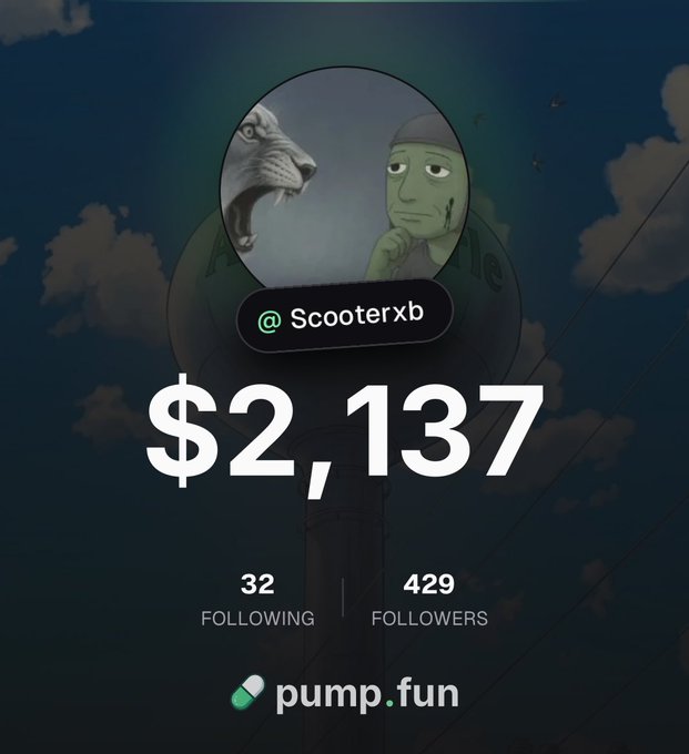 The image displays a pump.fun profile page for "@Scooterxb" showing a portfolio value of $2,137, with 32 following and 429 followers, featuring a Pepe-style meme avatar. The graphic visually backs up the poster's boast about escaping "$300 portfolio" territory and reaching "4 figure hell," using the dollar amount and meme imagery to taunt critics who previously called them "poor."