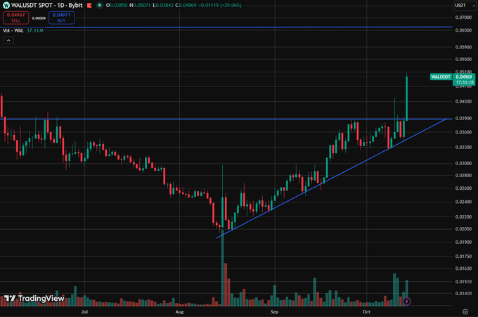 A TradingView chart of 'WALLUSDT SPOT' showing a bullish trend with a triangle pattern on the daily timeframe, currently at 0.04969 (+29.06%).