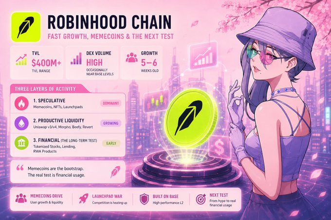An anime-style infographic titled "Robinhood Chain: Fast Growth, Memecoins & the Next Test" displays key metrics including TVL of $400M+, DEX volume occasionally near Base levels, and growth at 5-6 weeks old, alongside a tiered breakdown of activity (speculative, productive liquidity, and financial layers) and highlights like memecoins driving user growth and lending. The illustration features an anime girl in a pink bucket hat beside a glowing green logo, visually reinforcing the post's emphasis on Robinhood Chain's rapid memecoin-driven expansion on Base.