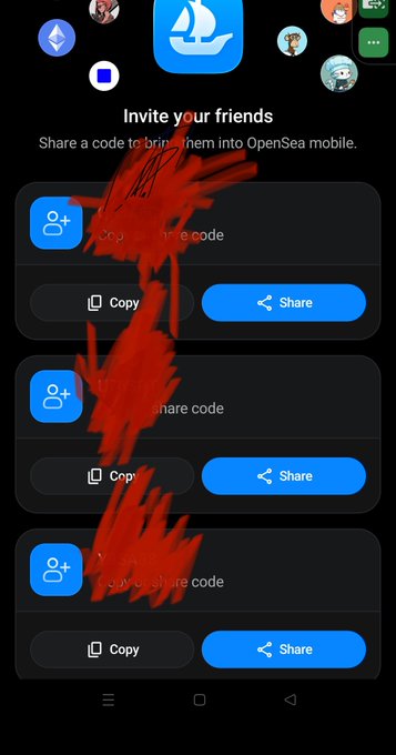 An OpenSea mobile app 'Invite your friends' screen in dark mode showing three referral codes partially obscured by red digital scribbles.