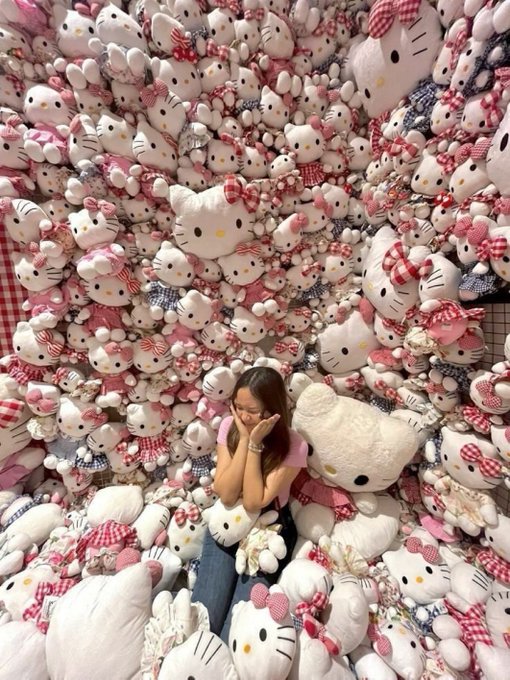 A young woman sits surrounded by a massive collection of Hello Kitty plush toys, resting her face in her hands with a shy, delighted expression next to a giant Hello Kitty pillow. The caption "bought a bag of a cat coin" likely refers to the pouches or coin purses shaped like Hello Kitty that fans can collect and redeem at this kawaii-themed location, possibly in Japan.