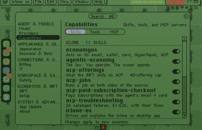 The screenshot displays the iCloneOS settings panel on an iClone computer desktop, showing the "Capabilities" tab with 11 skills including "economyos," "agentic-economy," "acp-offerings," and "iclone-os," all toggled on. This relates to the post by illustrating how an iClone NFT can be configured with various skills and agent capabilities, transforming a simple avatar into a customizable digital agent rather than a static collectible.