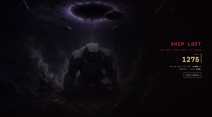 Dark video game screen showing a creature beneath a purple anomaly with the text 'SHIP LOST', 'THE ABYSS BEGINS WHAT IT TAKES', a score of '1275', '0.98% OF HAKENSTARS', and a 'PLAY AGAIN' button.