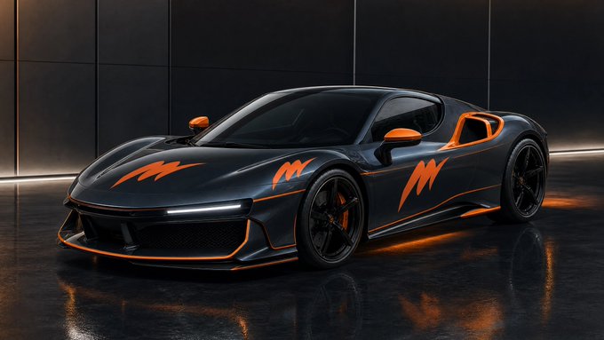 A sleek black sports car with vibrant orange accents and lightning bolt graphics sits in a dimly lit showroom, reflecting on the polished floor. The striking "gMelody 2026" branding on the post suggests this futuristic supercar represents the brand's bold 2026 model lineup.