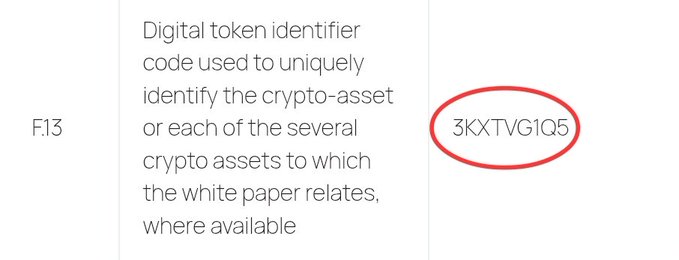 A snippet from a MiCA whitepaper highlights field F.13, which contains the Digital Token Identifier (DTI) "3KXTVG1Q5"—the ISO 24165 standard identifier for the Flare ($FLR) token, as referenced in the accompanying post about Bitstamp's MiCA compliance documentation.