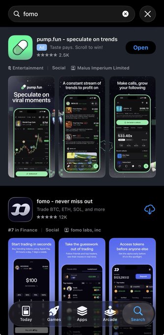 A screenshot of an app store search result for 'fomo' displays listings for 'pump.fun - speculate on trends' and 'fomo - never miss out,' described as an app to trade BTC, ETH, SOL, and more.