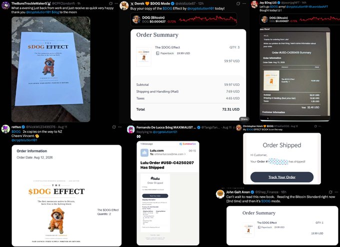 A Twitter/X feed collage showing various tweets about 'DOG EFFECT' (The $DOG Effect), featuring images of a book cover with a small dog, order summaries, and crypto-related posts by users like TheBruteTroubleMaker, Jay Sdou, and JoieCult.