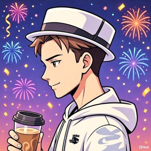 An anime-style illustration of a young man in a white hat and hoodie holding a coffee cup, set against a night sky filled with colorful fireworks.